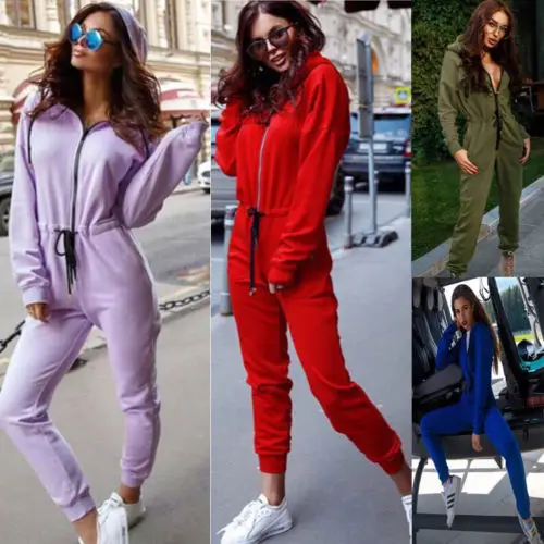 

Autumn Winter Women Casual Zipper Chic Hooeded Long Sleeve Solid Color Drawrsing Fashion Jumpsiut Romper Playsuit Long Trousers
