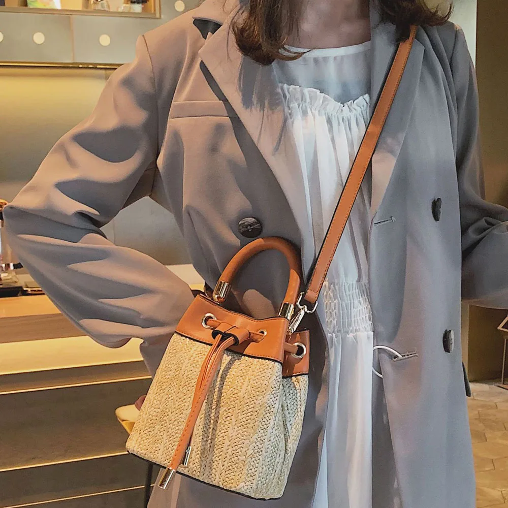 Женская летняя льняная Плетеная соломенная сумка из искусственной кожи в стиле