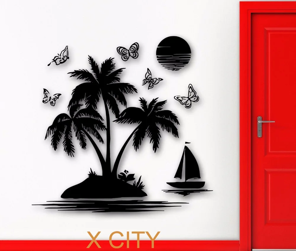 Тропические пейзажи Палм пляж остров черная настенная наклейка Съемная