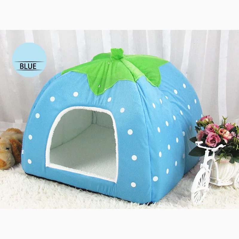 Мягкая собака кровать дом прекрасный клубника Форма коврик питомников теплые зимние Портативный Короткие Плюшевые ботинки милый кот-кровать для малых и средних домашние животные - Цвет: Blue