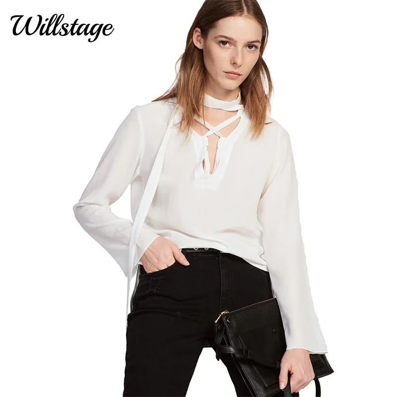 Блузка Willstage с длинным рукавом и бантом спереди на шнурках однотонная элегантная