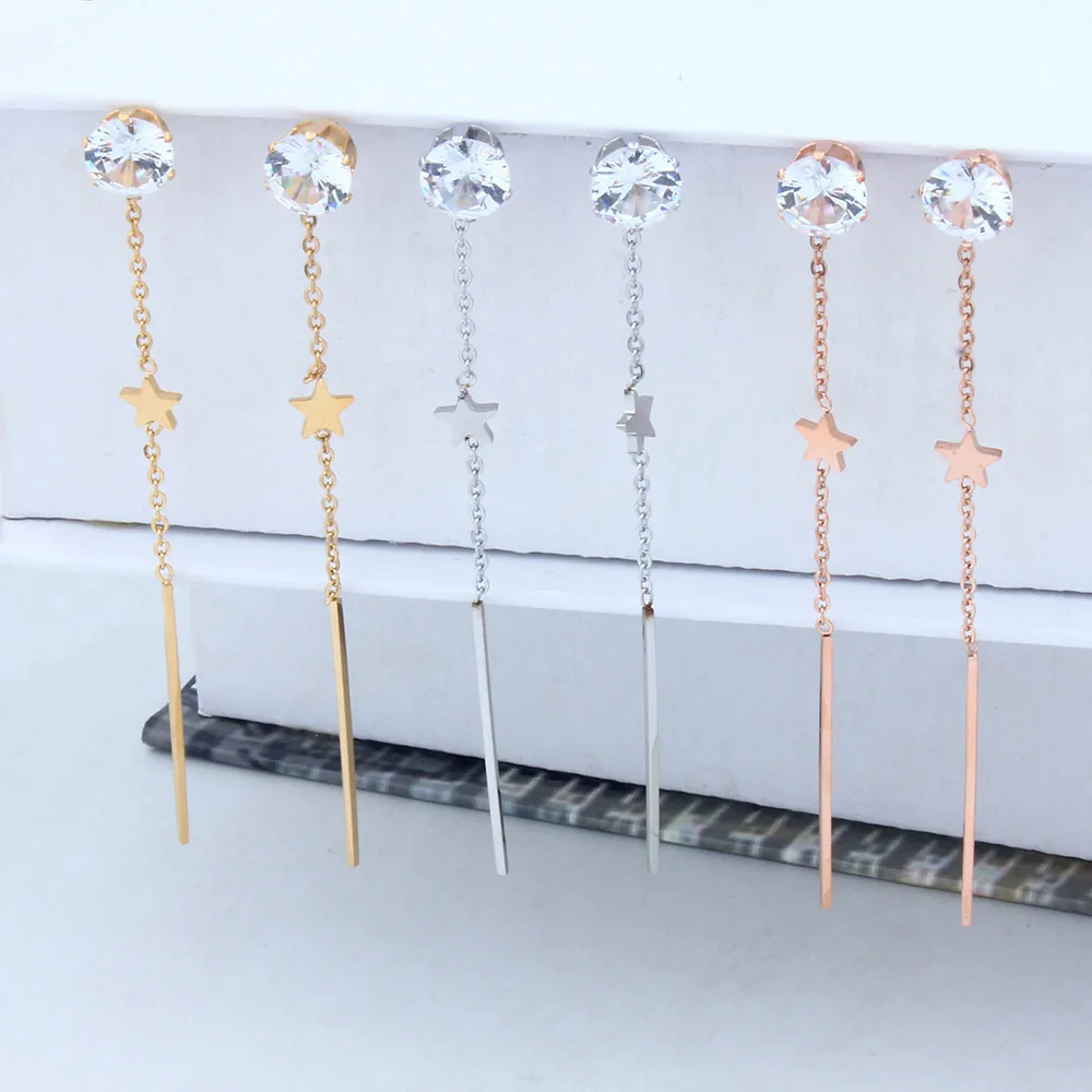 Висячие серьги из нержавеющей стали с длинными кристаллами и кисточками