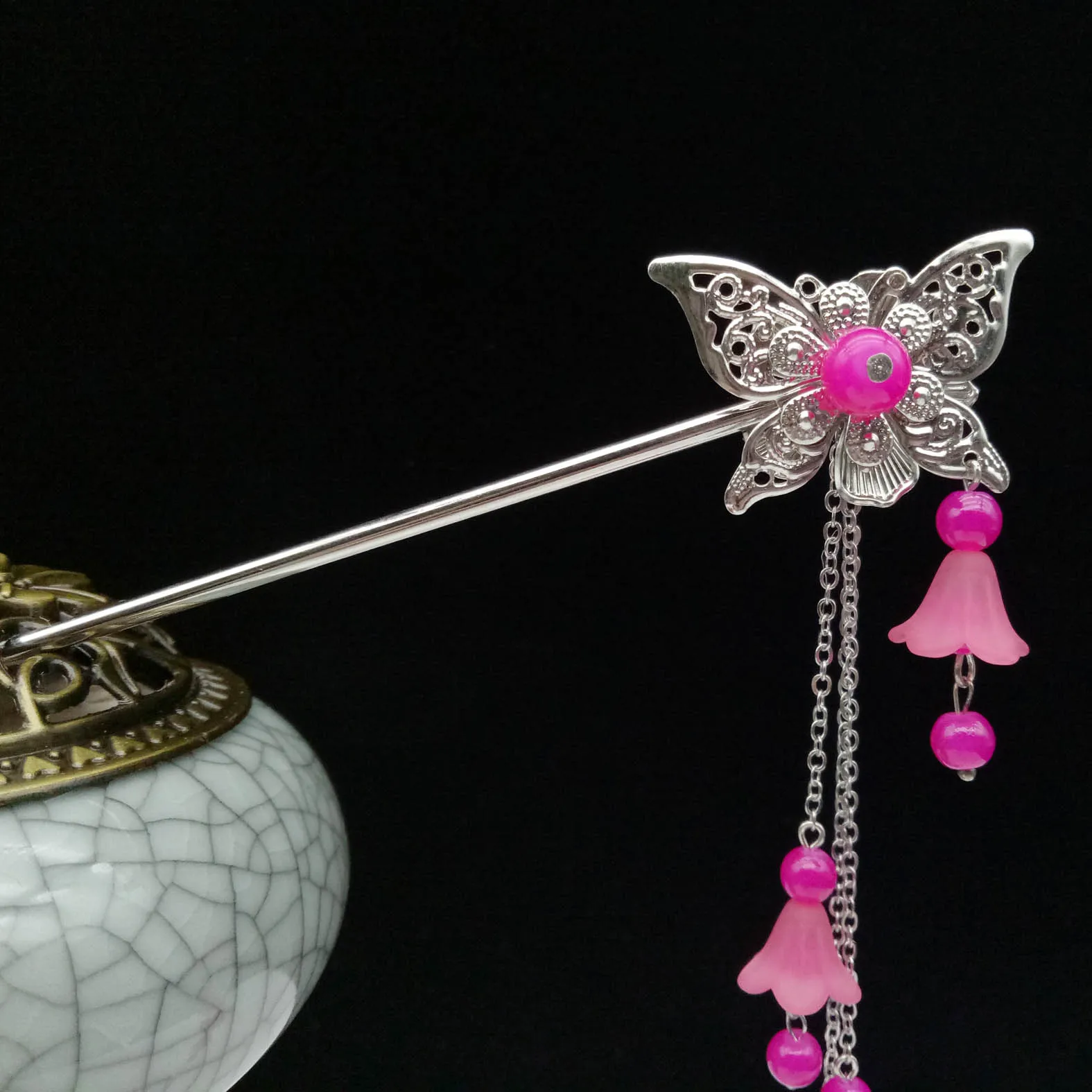 Fushia Винтажные Серебряные Китайские Этнические палочки для волос с бабочкой и подвеской в виде цветка для женщин, свадебные украшения для волос, аксессуары для свадебной вечеринки - Окраска металла: Fushia