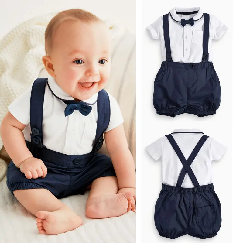 

2016 Newborn Baby Boy Bow Tie+T-shirt+Bib Pants Overalls 3PCS Set Outfit Clothes Set Hot Kids Toddler Gentleman 2Pcs Sunsuit Set