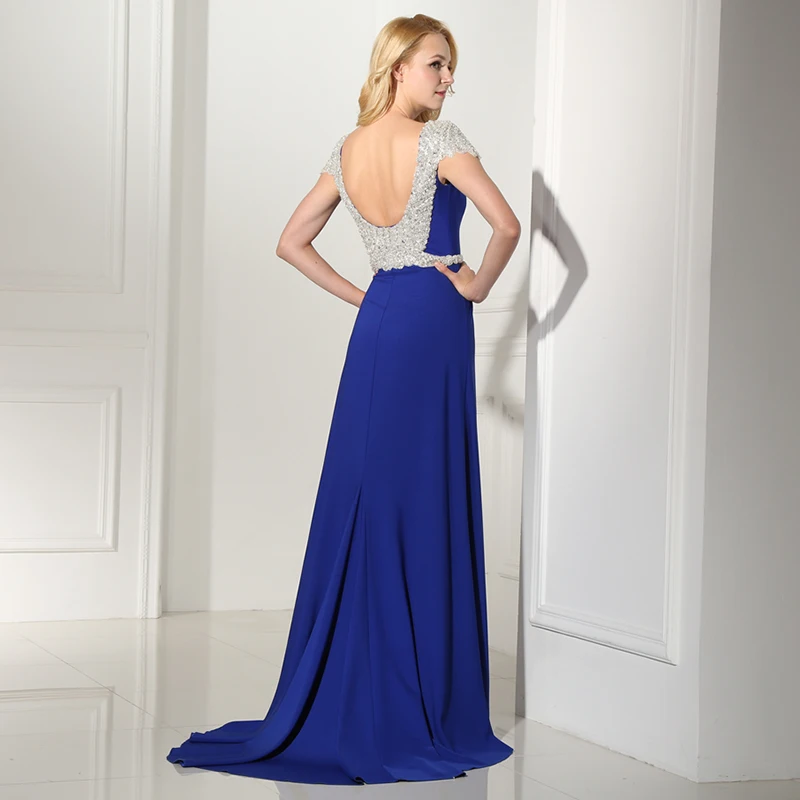Женское вечернее платье русалка синее длинное с открытой спиной расшитое