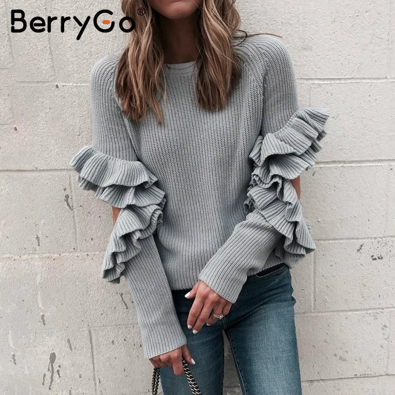 BerryGo Hollow out ruffle sleeve sweater pullover Casual loose warm 2018 Streetwear pull femme jumper | Женская одежда