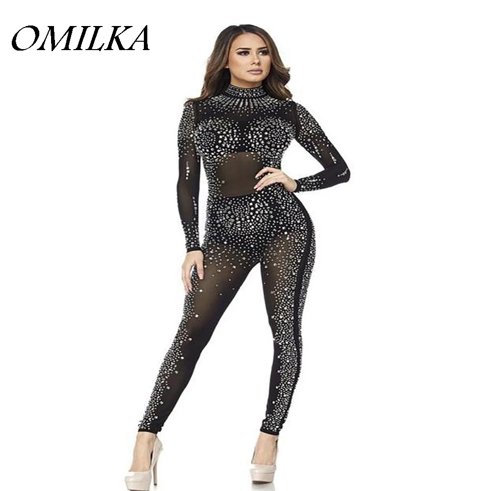 

OMILKA 2018 Autumn Women Long Sleeve Diamond Mesh Bodycon Rompers and Jumpsuits Sexy Black Khaki See Through Club Party Overalls