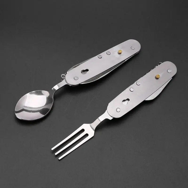 6 in 1 Outdoor Camping Tableware Folding Knife Fork Spoon Bottle Opener EDC Tool