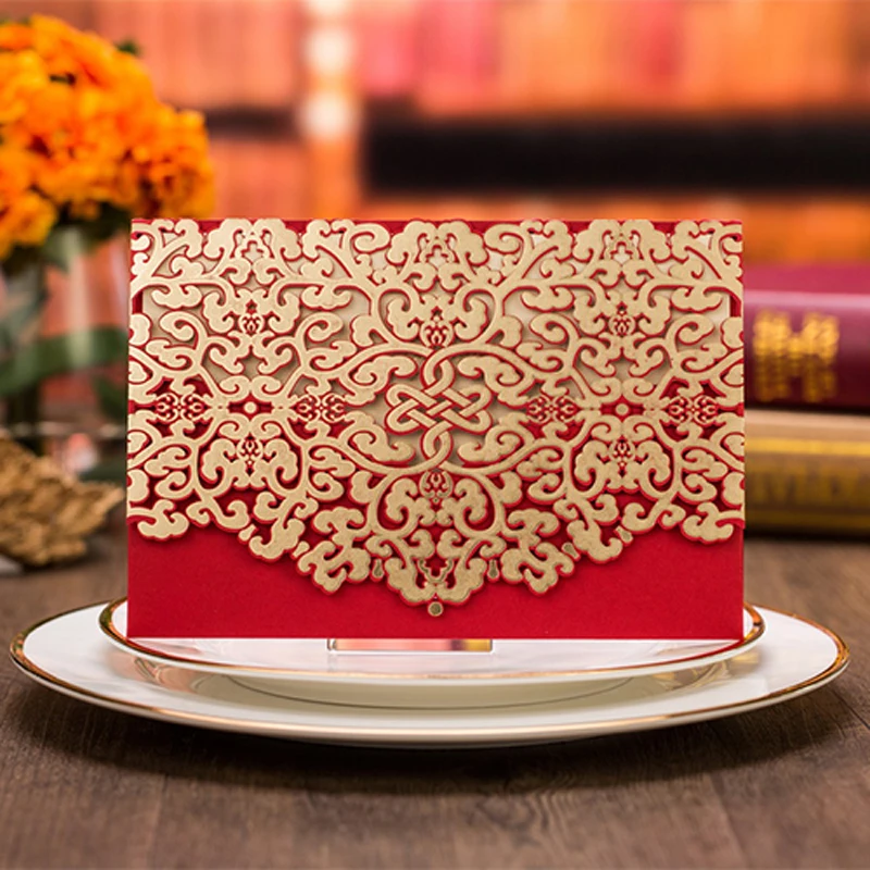 50pcs Red Luxury Flora Hollow Marriage Wedding Invitations Cards Laser Cut 3D Card Greeting Postcard Event Party Supplies | Дом и сад