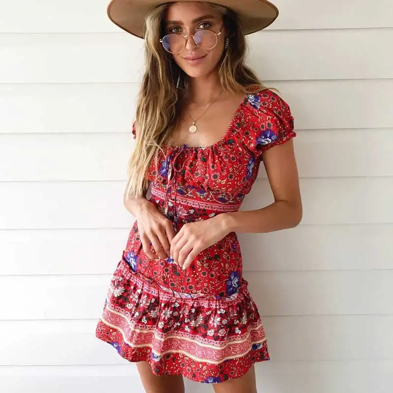 Женское мини-платье с цветочным принтом boho красное платье открытыми плечами и