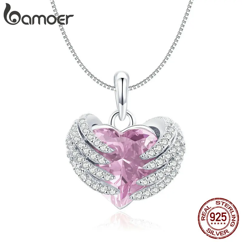 BAMOER подлинное 925 пробы Серебряное сердце стража Розовый CZ Крылья ангела кулон ожерелья для женщин Стерлинговое серебро ювелирные изделия BSN004