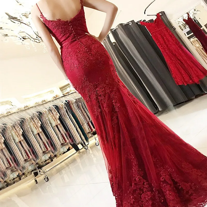 

2019 Sexy Spaghetti Strap Backless Pageant Formal Dress Appliques Tulle Burgundy Mermaid Prom Dresses Robe de Soiree