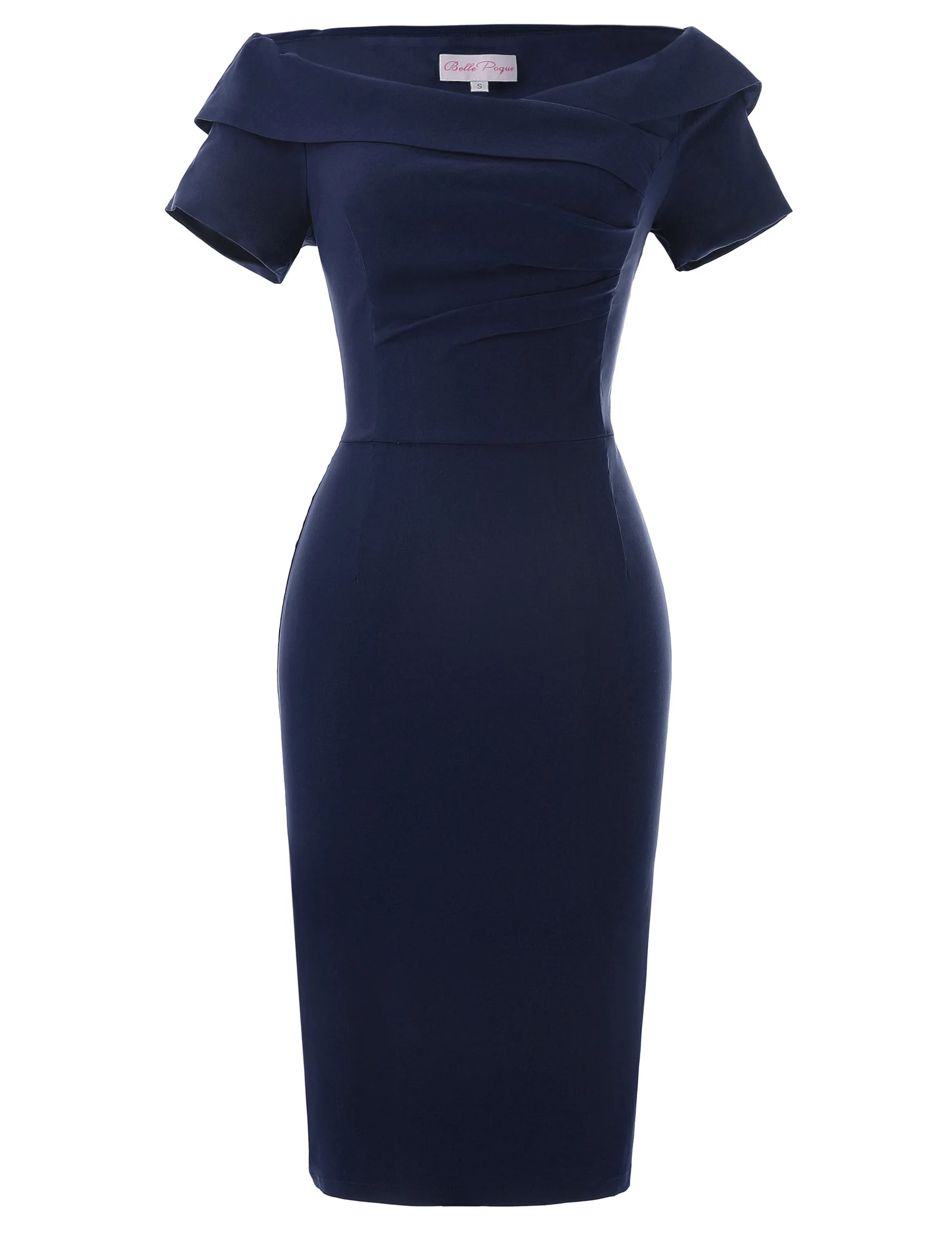 Navy Blue Ретро Формальное офисное женское платье с v-образным вырезом, тонкое платье-карандаш, винтажное платье с короткими рукавами и открытыми плечами, облегающее платье, вечерние платья - Цвет: Navy Blue