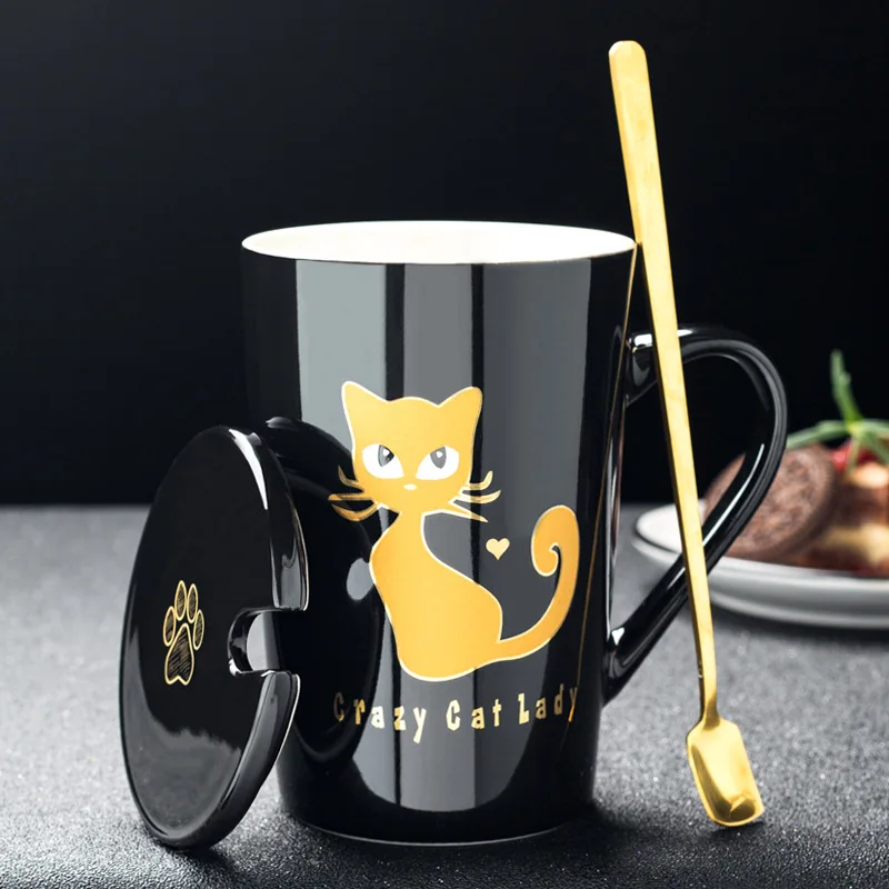 Mug Set 420 мл, новинка, милая керамическая кофейная кружка с котом, с крышкой, ложкой, кружки с животными, креативная посуда для девочек, кофейные чайные чашки, новые подарки, чашка для молока - Цвет: Mug Set