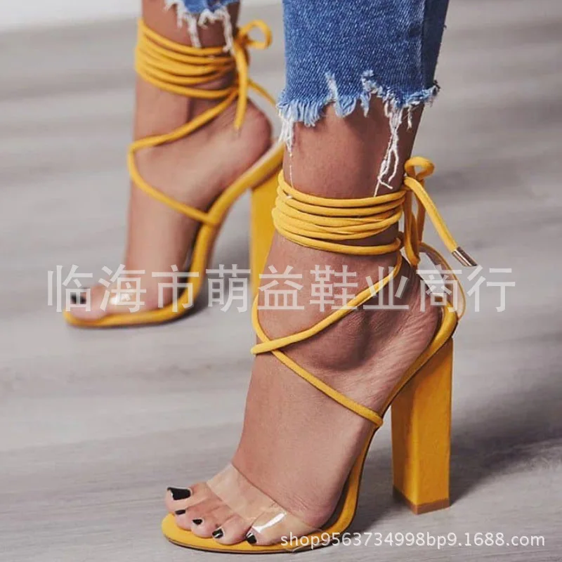 Лидер продаж Желтые женские сандалии на квадратном каблуке размера плюс в