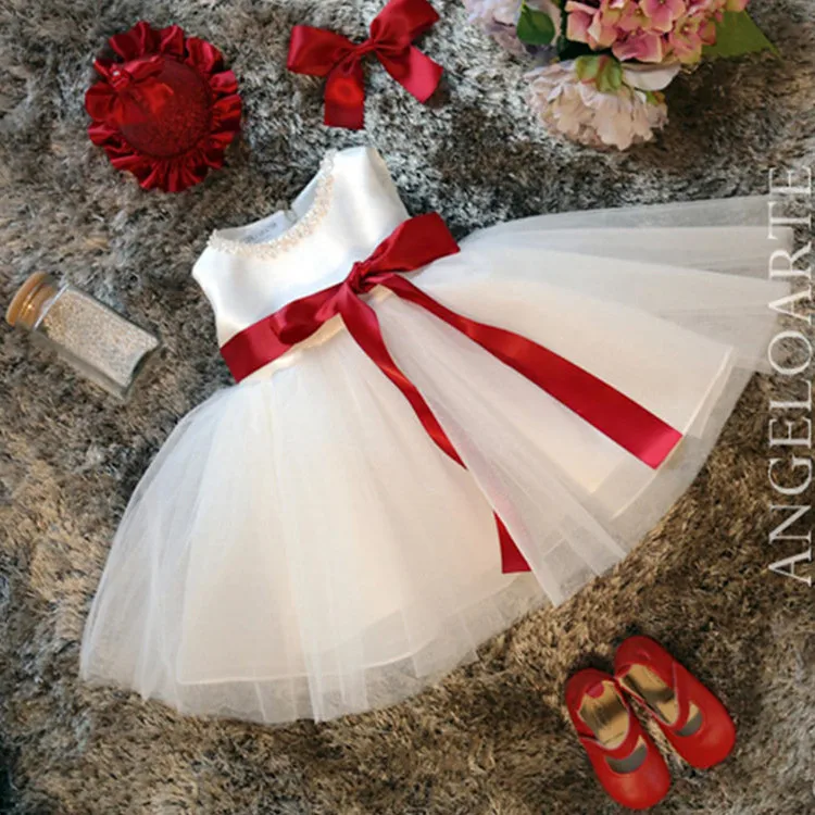 New Flower Girls Dresses Children Sleeveless Beading Tulle Party Wedding Dress with Red Ribbon Formal Princess | Детская одежда и