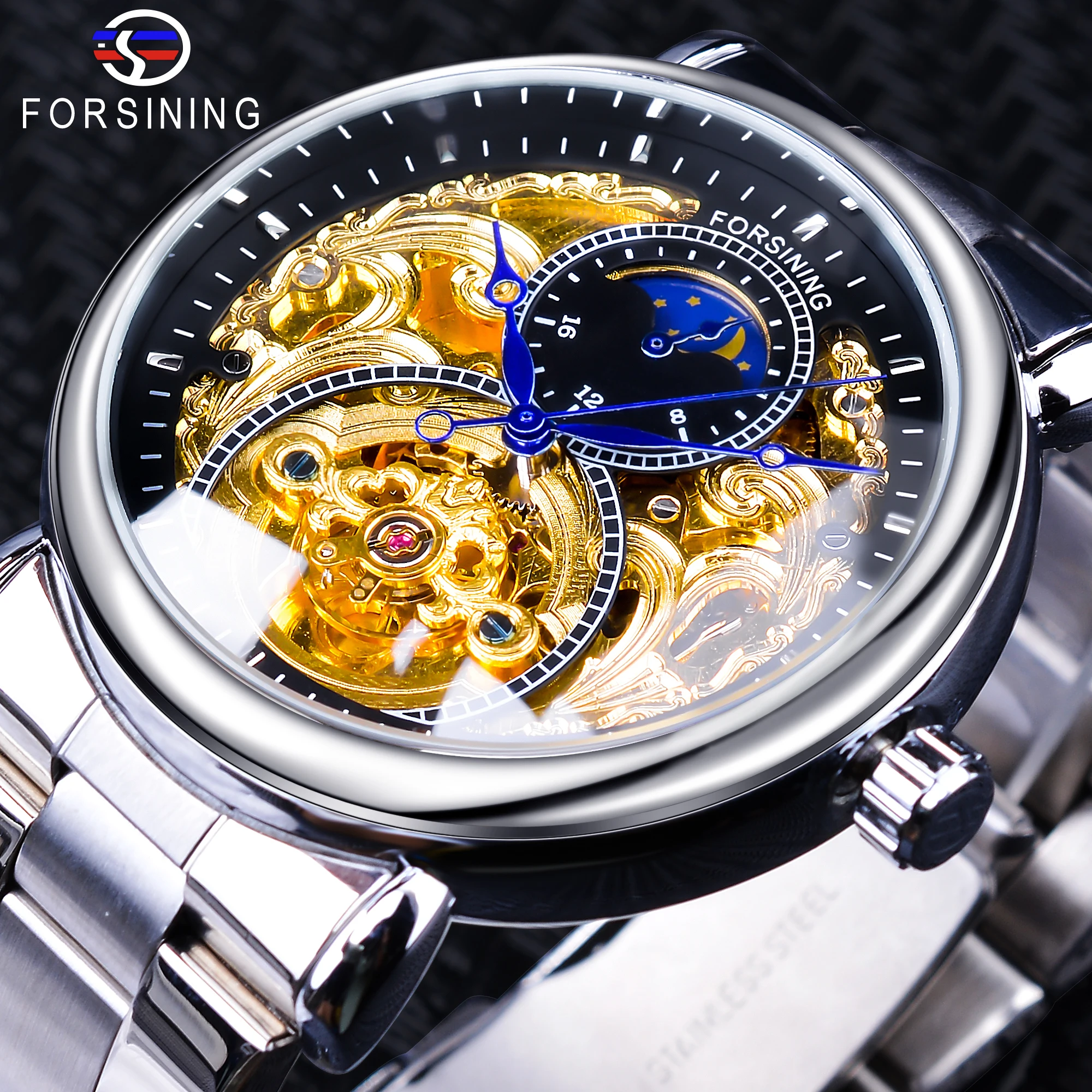 Forsining 2019 Royal Moon Phase золотые прозрачные часы мужские автоматические топ бренд