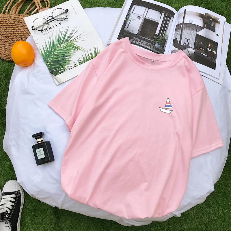 Женские повседневные футболки Ulzzang Harajuku Kawaii Sailboat с круглым вырезом модная летняя