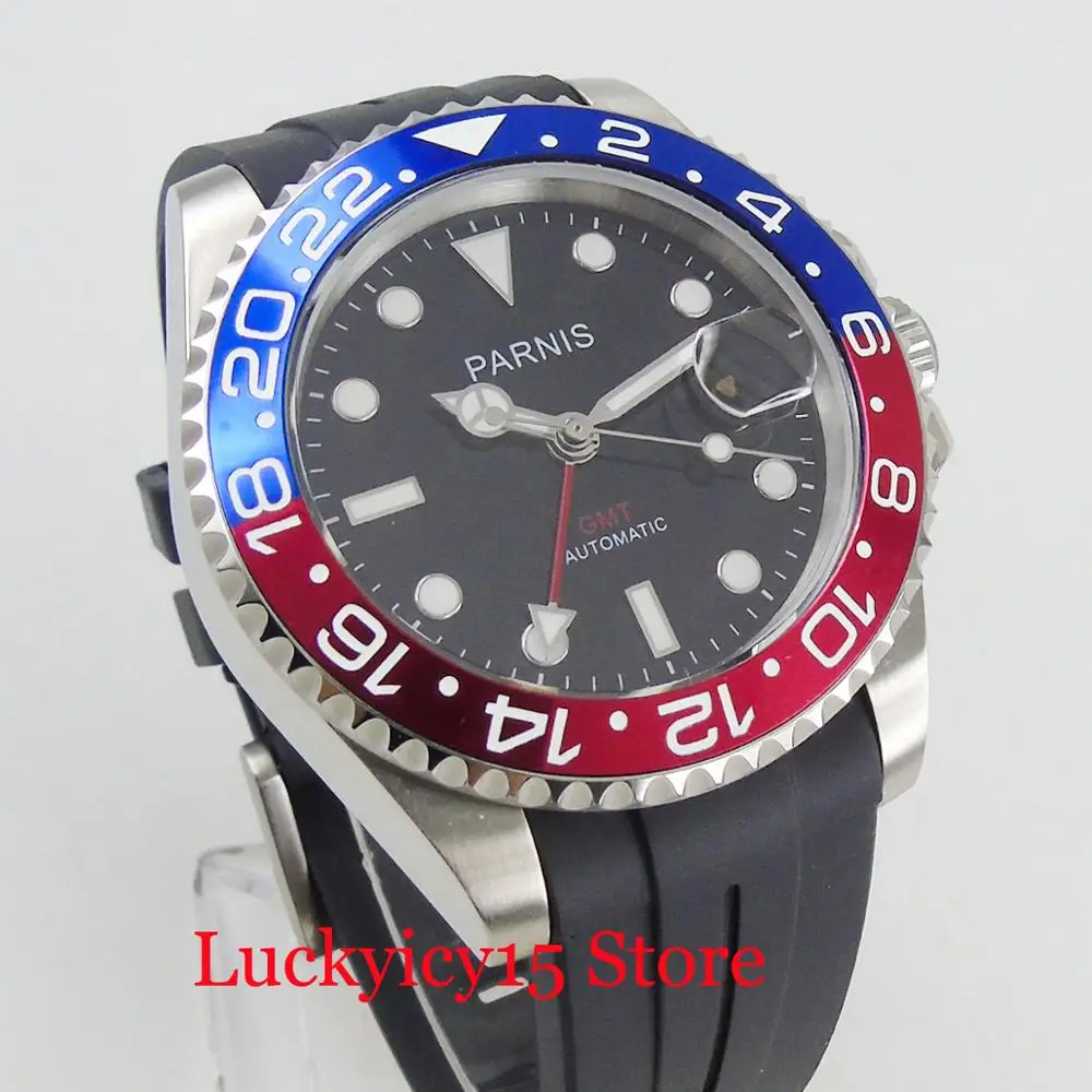 Мужские автоматические часы PARNIS черный циферблат сапфировое стекло сплав