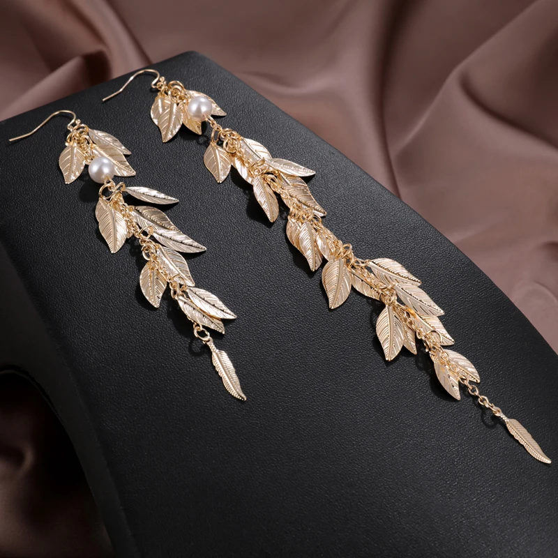 Metal Leaf Tassel Long Drop Earrings For Women Gold Color Maxi Statement Hanging Dangle Asymmetry Earring Wedding Party Jewelry | Украшения