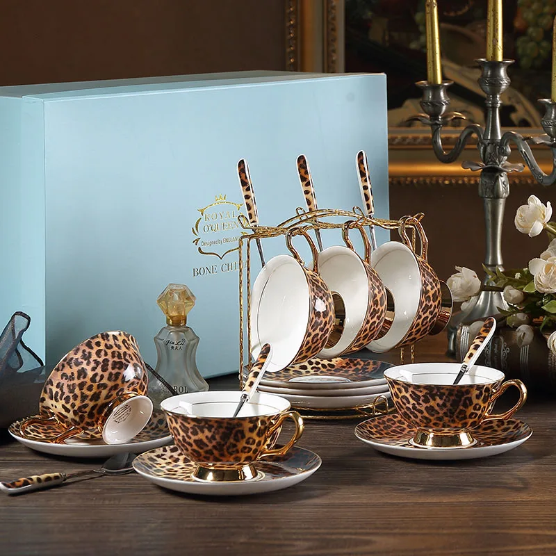 6Cup 6Saucer 1Shelf Европейский классический Леопардовый принт Костяной фарфор кофейные чашки и блюдца кофейная чашка набор посуды Ручная роспись золотой ободок домашние вечерние чашки для чая - Цвет: 6Cup 6Saucer 1Shelf