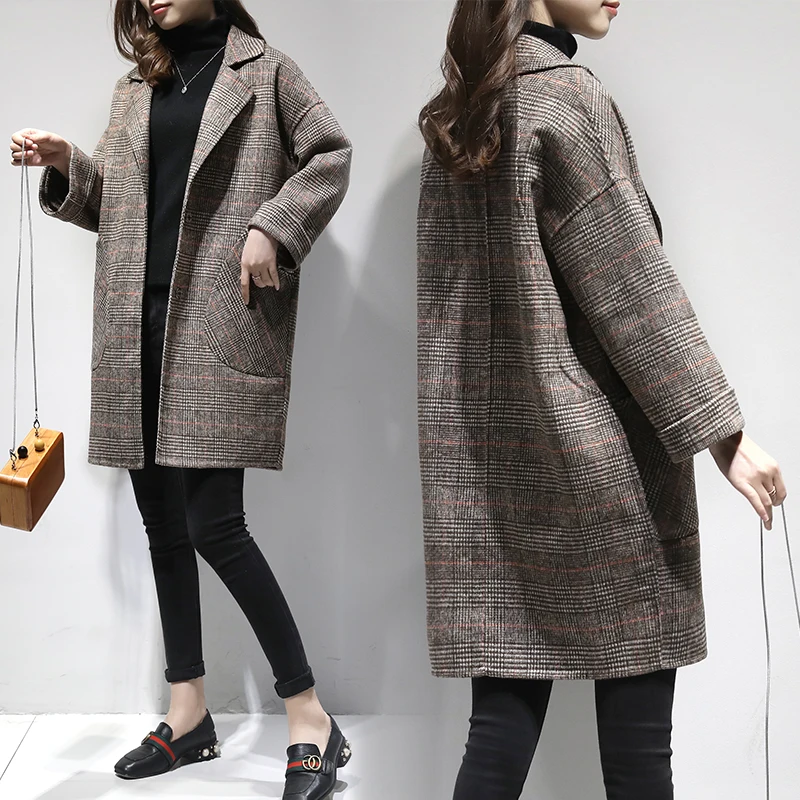 

2020 new women's clothing, autumn and winter loose large code, medium length wool coat, female thousand bird's coat.