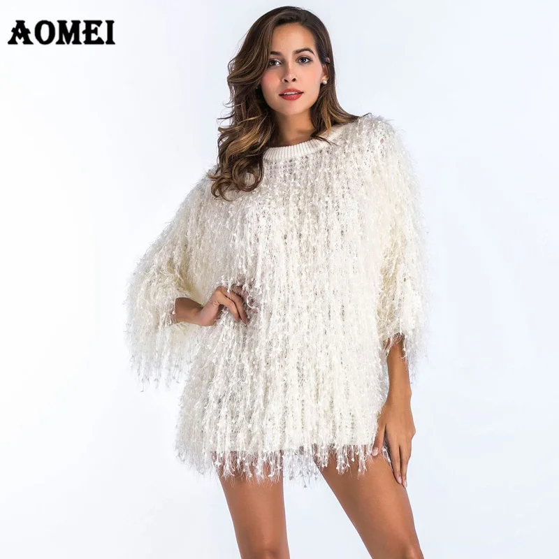 Autumn Faux Fur Crocheted Tassel Fluffy Sweater 2019 Women Tops Three Quarter Fashion Long Party Pullover Femme Winter Warm Wear | Женская