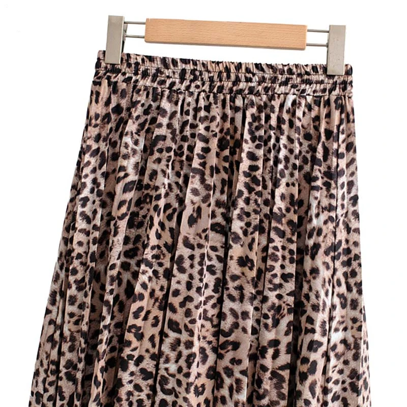 Luzuzi women stylish leopard print pleated skirt snake faldas mujer Drawstring tie elastic waist casual mid calf skirts CE3068 | Женская