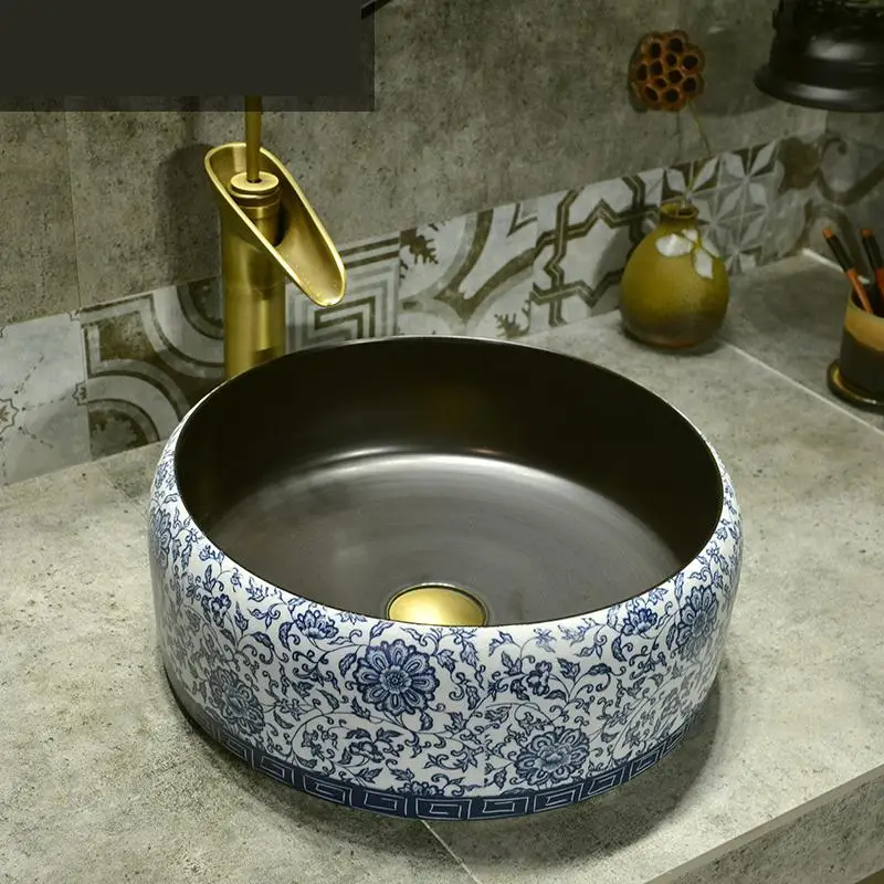 Китайская художественная раковина бытовая сине-белая черная керамическая для
