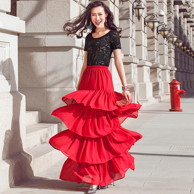 

Summer elegant Ladies chiffon cake skirt maxi Long Layer upon layer ruffles skirts Customize plus size 5XL 7XL 120 colors