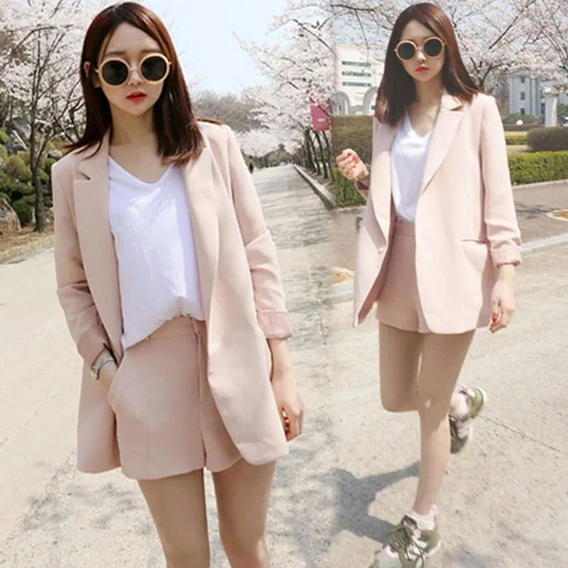 Летние однотонные короткие костюмы для женщин стильный Блейзер и шорты деловой