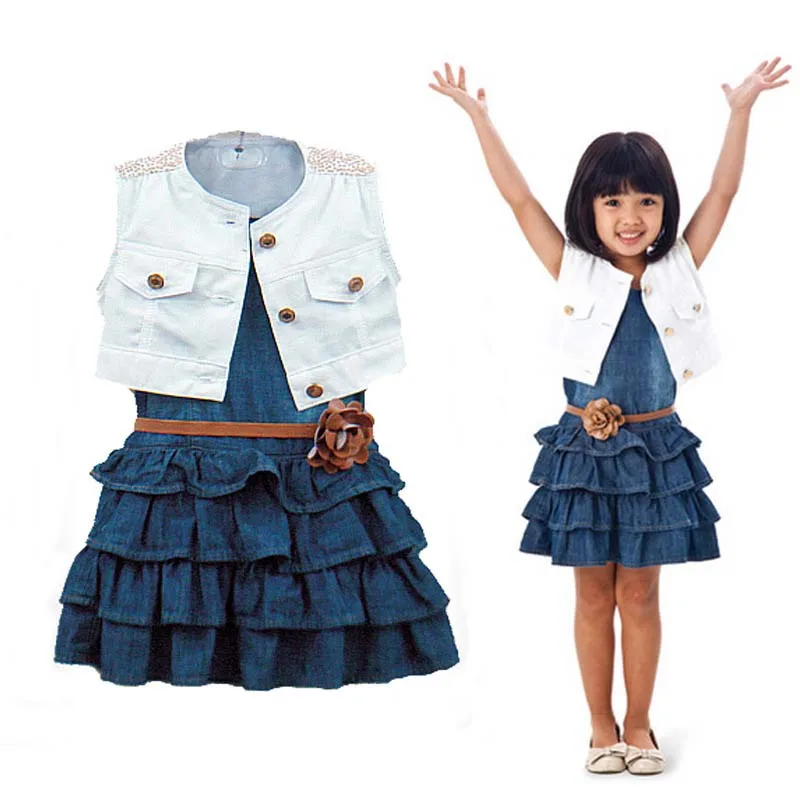 2pcs Baby girl Dress Jacket Suits belt kids Summer Denim vest dress Children Girls clothes Jeans 2-7 Y |