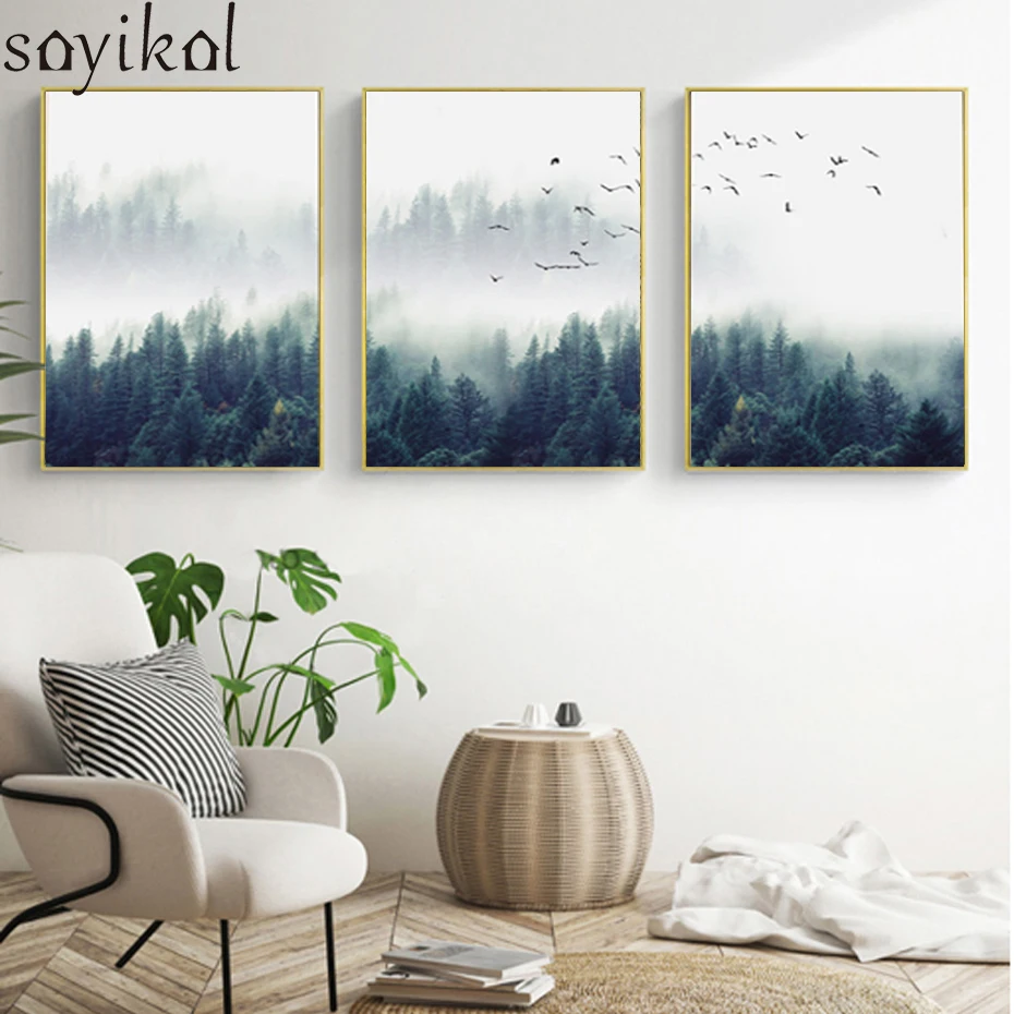 3 шт. настенная живопись Северный туман лес Птицы Пейзаж холст картина печатный