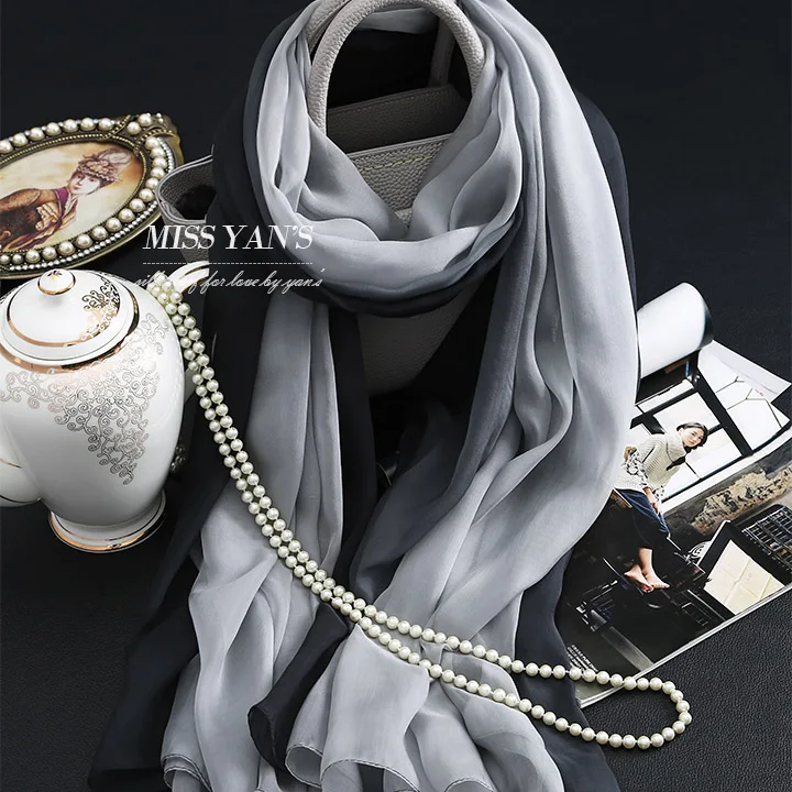 Женский шарф из натурального шелка Модный классический черный серый градиентный