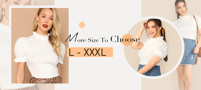 SHEIN Однотонная Футболка С Пышными Рукавами Летняя Футболка С Воротником-стойкой Для Офиса Элегантная Женская Футболка С Коротким Рукавом