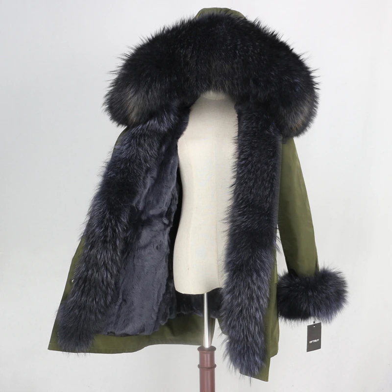 green grey grey OFTBUY Водонепроницаемая парка зимняя куртка женская шуба из натурального меха енота воротник капюшон Подкладка из натурального кроличьего меха уличная одежда - Цвет: green grey grey