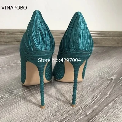 Vinapobo/роскошные женские темно-зеленый шелк атлас; модельные туфли-лодочки на шпильках; атласная ткань; обувь для вечеринок; туфли-лодочки с острым носком