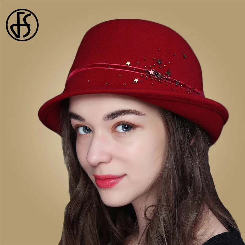 Red Wool Hat FS женские осенне-зимние фетровые шляпы из шерсти, женские шляпы с широкими полполями в стиле джаз, винтажные шапки, коричневые, темно-синие, красные, черные - Цвет: Red Wool Hat