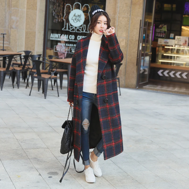 Высокое качество шерстяное пальто для женщин 2017 Осень новая X-Long решетка парка