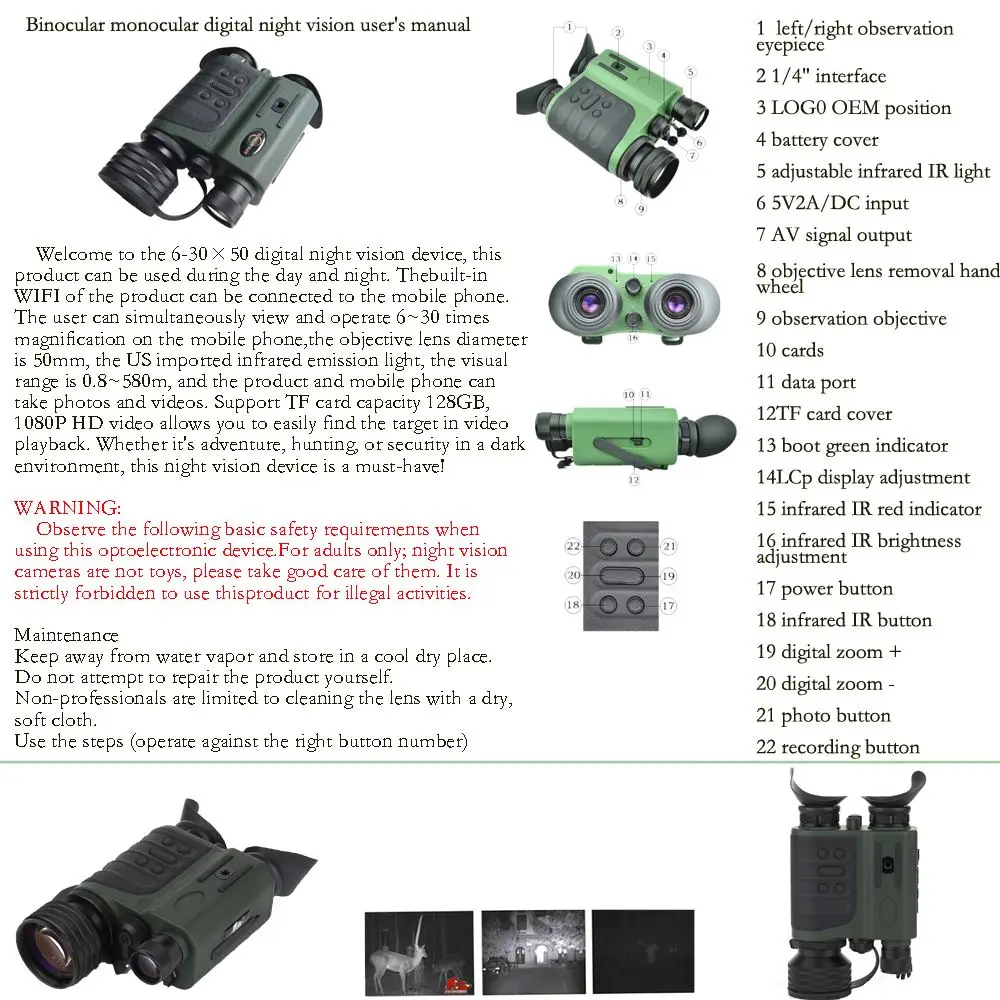 

Android iOS WIFI Night Vision 1080P Adjustable infrared IR Light Binocular 6-30X 50HD hunting 2MP 3.7V 18650 Battery WIFI