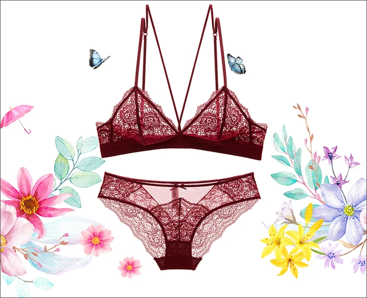 CINOON Women Sexy transparent Lingerie Set lace Hollow Out Floral ultra-thin Push up Bra and Panty breathabler Underwear set