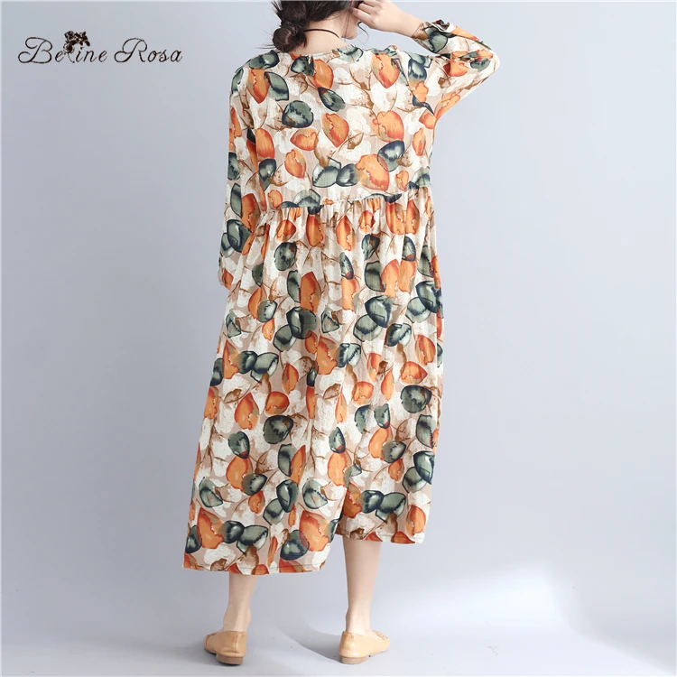 

BelineRosa Women's Autumn Style Dresses Big Size Clothing for Women High Waist Loose Printing Cotton Linen Dress BSDM0075