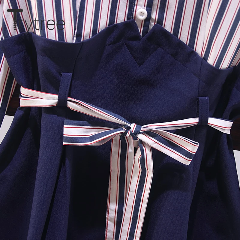 Trytree Spring Summer Dress Casual A-line Women Patchwork Stripe Shirt dresses Sashes Above Knee Turn-down Collar | Женская одежда