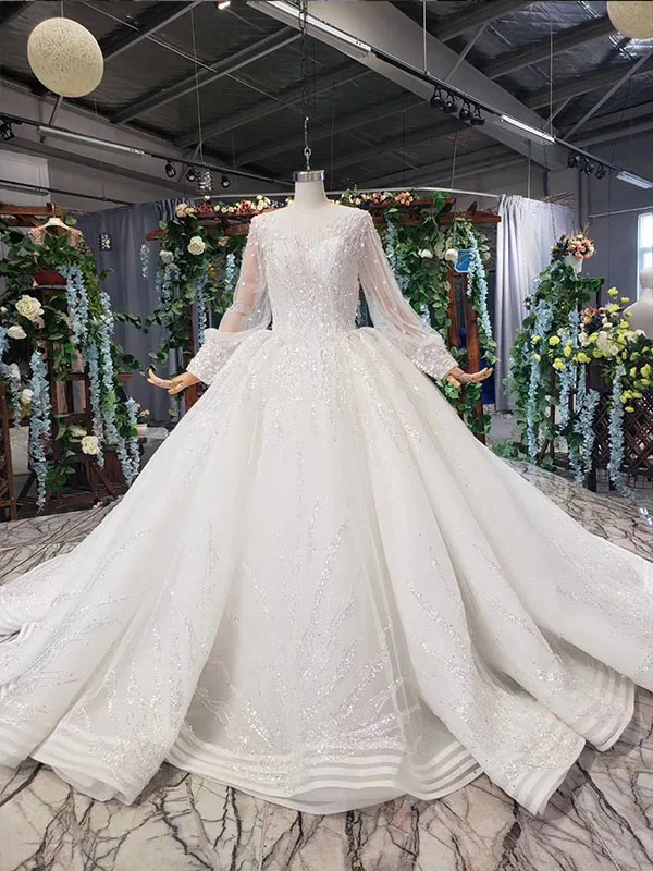 as picture LS11882G скромные свадебные платья, свадебные платья со шлейфом, с высоким воротом, с длинным рукавом, свадебное платье, vestido de noiva princesa com brilho - Цвет: as picture
