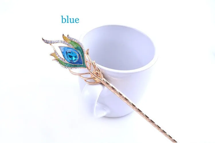 Hair stick Blue Винтажные эмалированные павлиньи шпильки для волос с перьями Свадебные украшения для волос аксессуары кристалл невесты гребни для волос украшения для головы - Окраска металла: Hair stick Blue