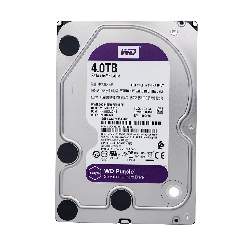 Жесткий диск HDD WD Purple 4 ТБ 5400 об/мин класс SATA 6 ГБ/сек. 64 Мб кэш памяти 3 5 дюйма WD40EJRX