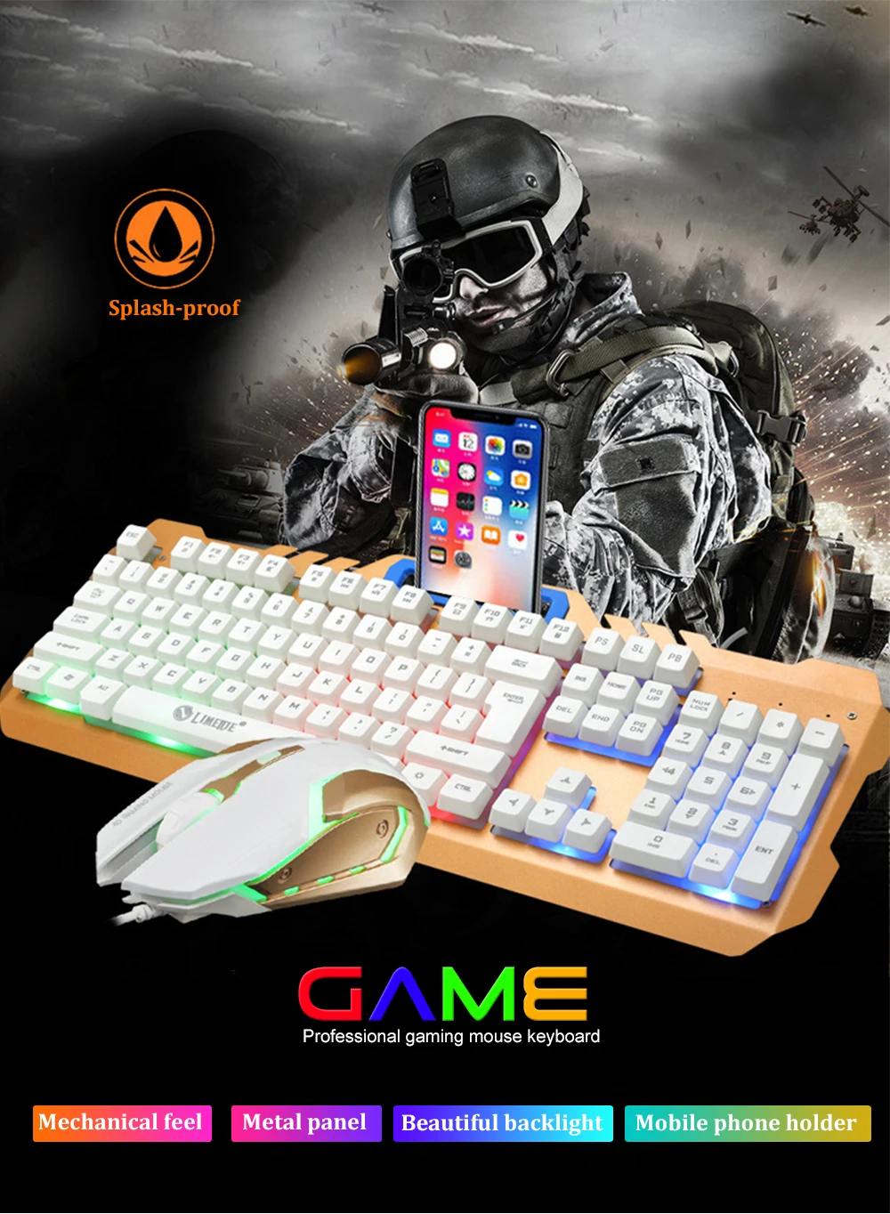 Игровой набор Combos USB Проводная светодиодный Механическая игровая клавиатура с подсветкой с 3200 dpi Регулируемая игровая мышь для геймера