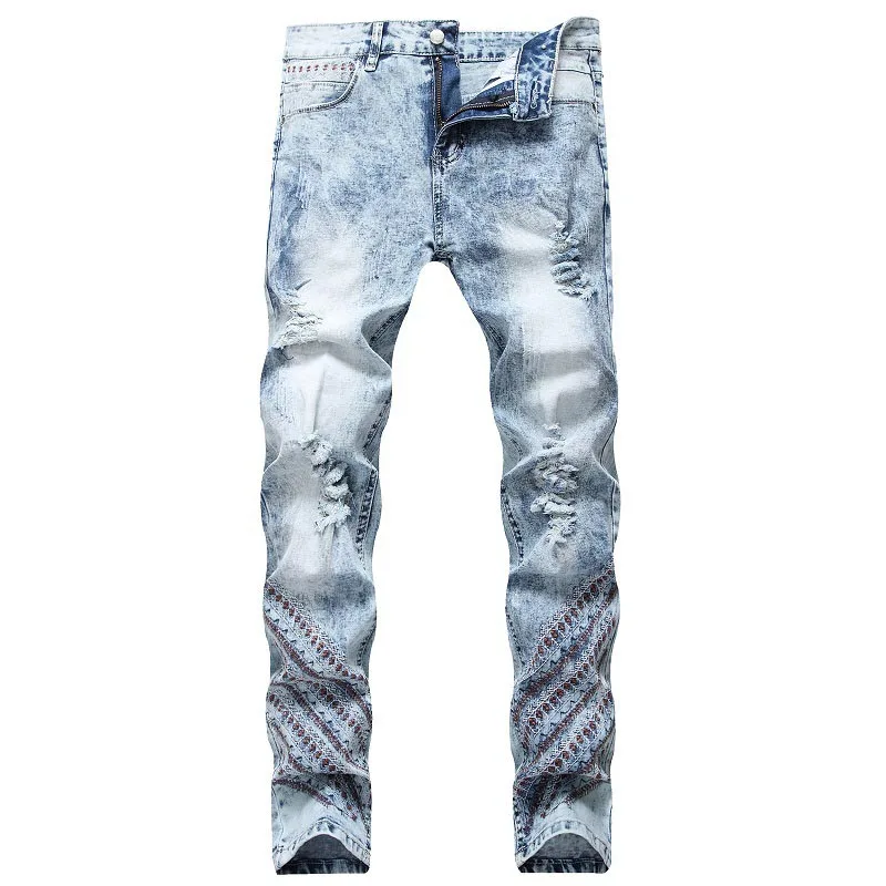 

Mcikkny Vintage Men's Ripped Holes Jean Pants Fashion Straight Stretch Denim Trousers Brand Designer For Male Washed