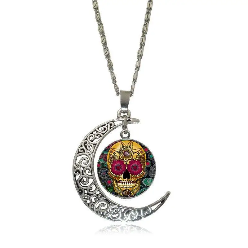 EJ Glaze Glass Cabochon Choker Moon Pendant Necklace Silver Color Jewelry For Women Girl Gift Mexican Sugar Skull | Украшения и