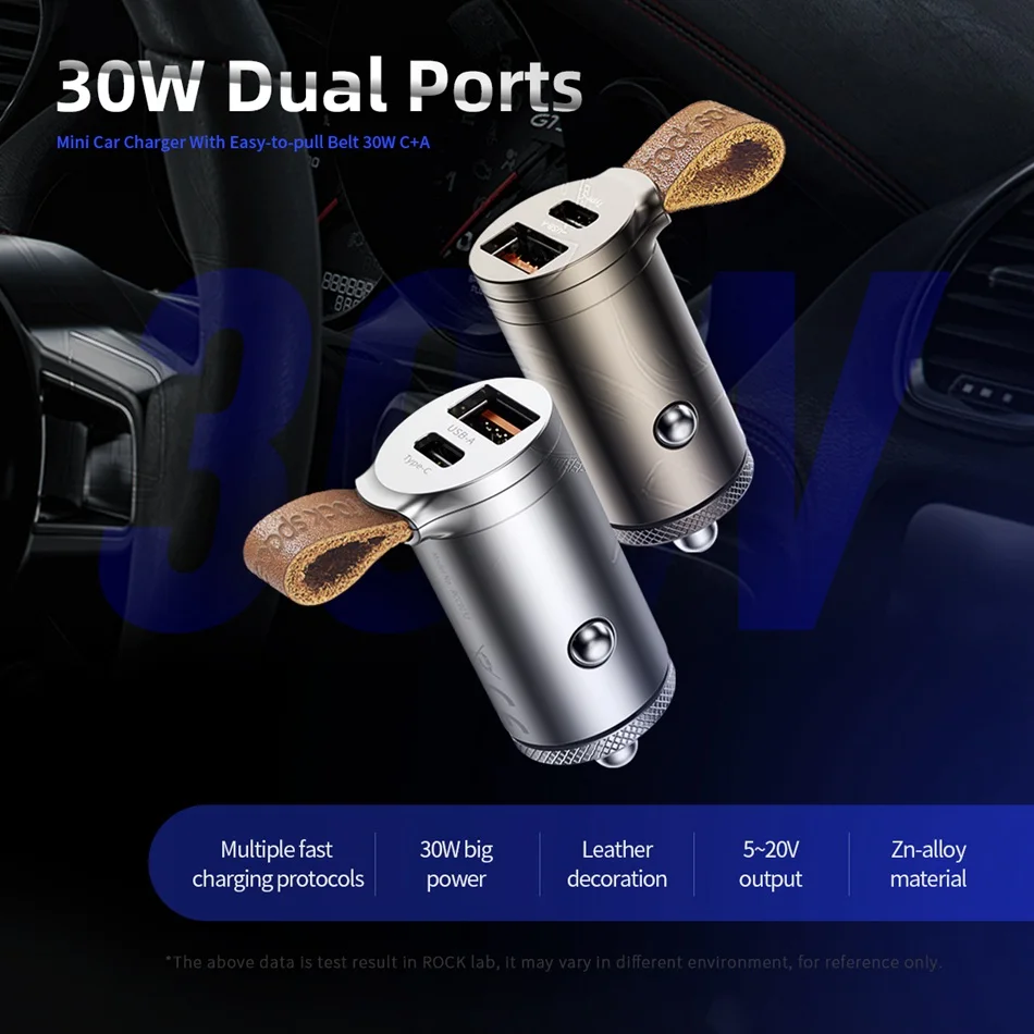 ROCK QC4.0 автомобильное зарядное устройство 30 Вт USB-C PD QC3.0 30 Вт 5A быстрое зарядное устройство с ремнем два порта usb мини автомобильный телефон зарядное устройство FCP AFC
